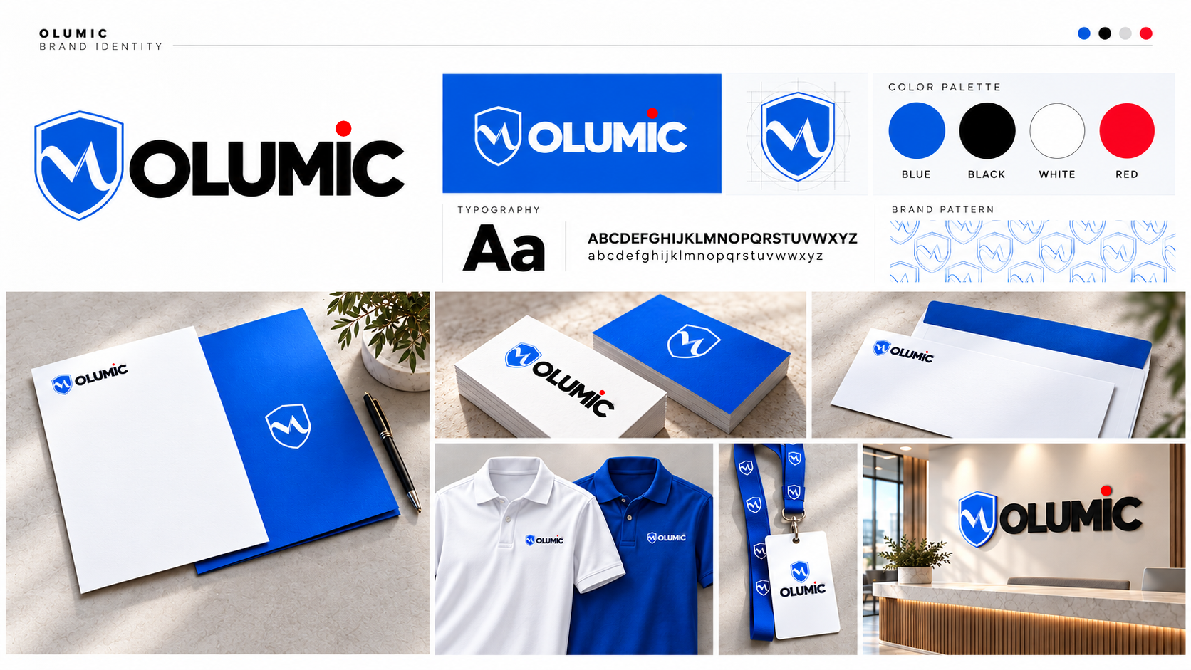 Olumic brand identity across stationery, clothing and signage